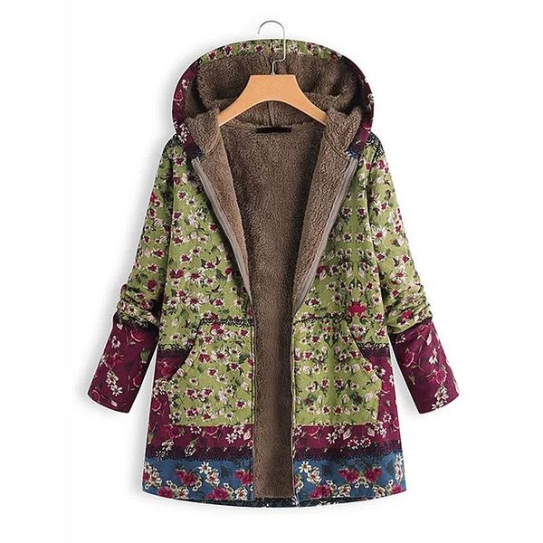 

plus size winter women parka pockets hooded ethnic printed fluffy warm thicken coat fashion long sleeve basic coat outerwear, Black