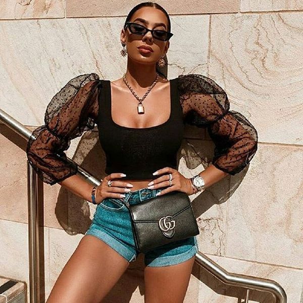 

women mesh see through crop lady casual mesh puff long sleeve solid blouse, White