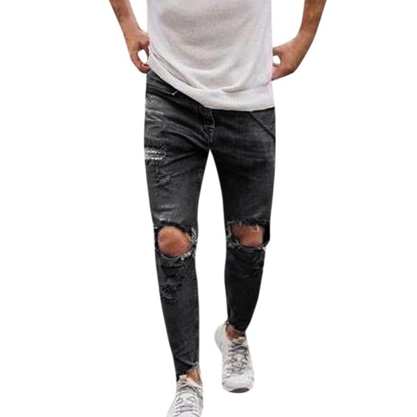 

mens gray jeans skinny ripped stretch slim fit hop hop pants with holes cool designer denim cotton straight hole trouser 8.14, Blue