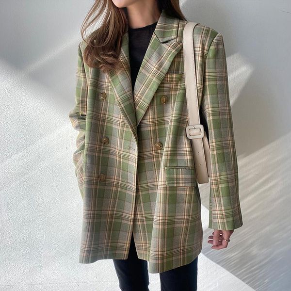 

2020 spring summer women plaid blazer turn down collar long sleeve office work style blazer feminino loose single breast coat, White;black