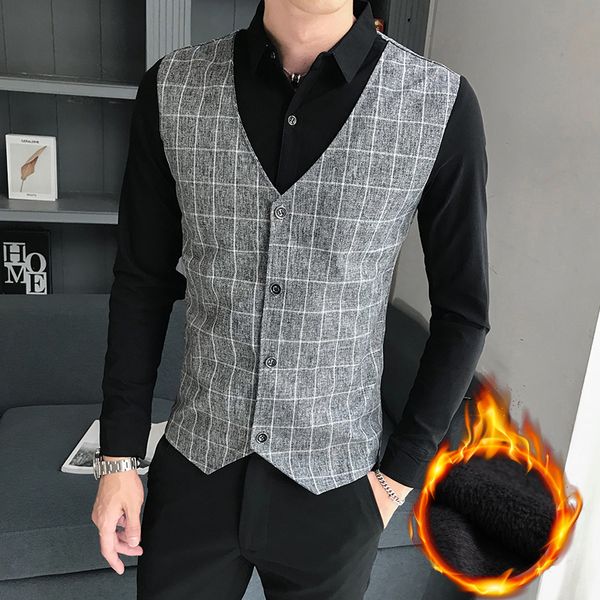 

plaid shirt men casual slim fit business social formal dress shirts mens fake two pieces shirt velvet chemise homme, White;black