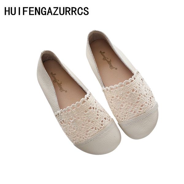 

huifengazurrcs-cowhide and lace mesh hollow casual shoes, low-flat-soled round beans summer grandma's casual shoes,3 colors, Black