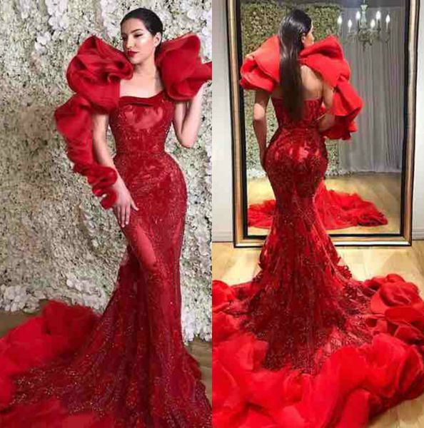 

designer red mermaid prom dresses 2019 ruffles shoulder lace backless evening dress sweep train formal party gowns custom made, Black