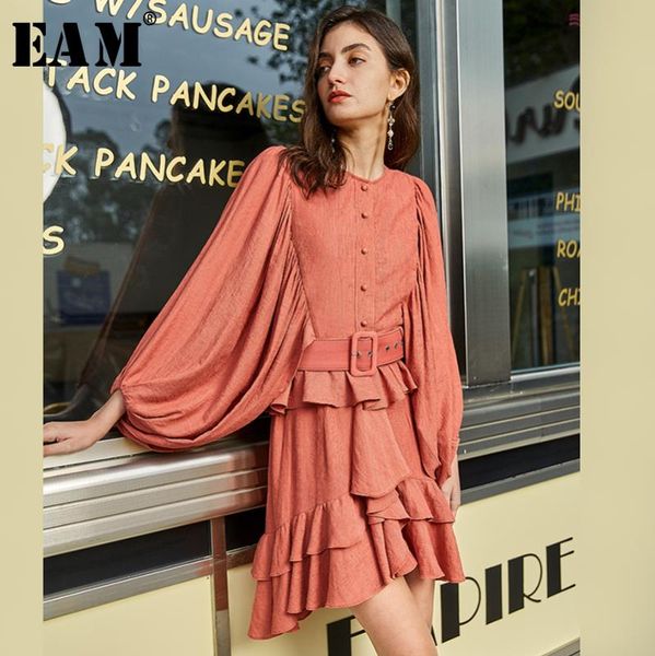 

casual dresses [eam] women orange ruffles split joint dress round neck long lantern sleeve loose fit fashion tide spring summer 2021 1u700, Black;gray