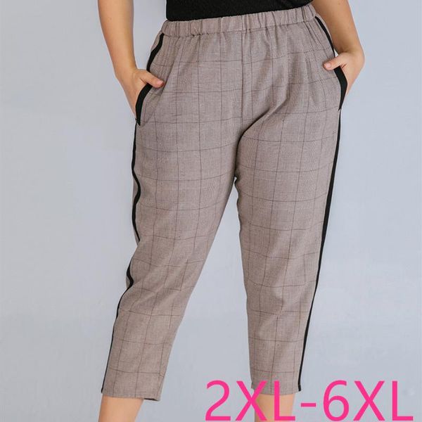 

2020 лето плюс размер карандаш брюки для женщин свободные повседневные эластичный пояс тонкий плед полоса длинные брюки хаки 3xl 4xl 5xl 6xl, Black;white