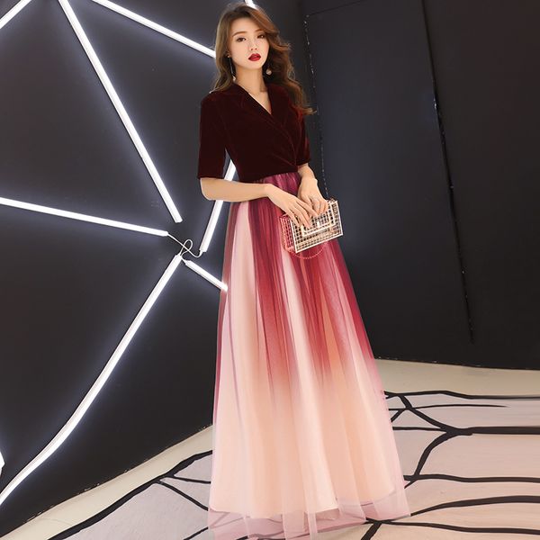 

2019 new slim v-neck sequins gradient mesh evening dress chinese style evening dress improved qipaovestidos size s-xxxl, Red