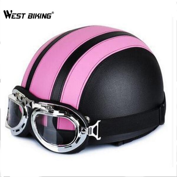 

west biking motorcycle scooter open face half leather helmet with visor uv goggles retro vintage style 54-60cm bike accessories