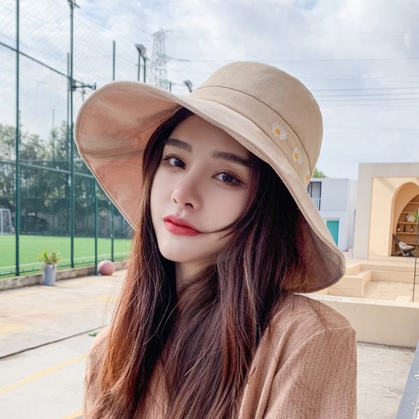 

little daisy embroidery large eaves fisherman female face small shade foldable fisherman sun sun hat basin hat, Blue;gray