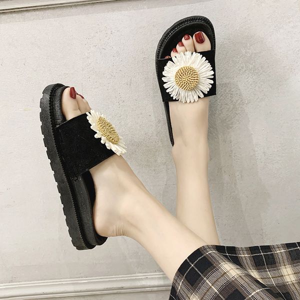 

house slippers platform women luxury shoes flower pantofle med slides summer woman designer 2020 flat beach fabric pu, Black