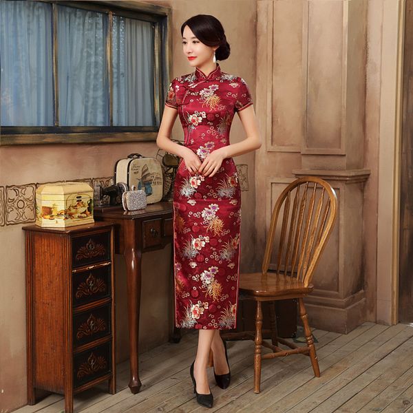 

chinese style silm long qipao elegant burgundy cheongsam vintage mandarin collar chinese dress classic flower vestidos xxxl, Red