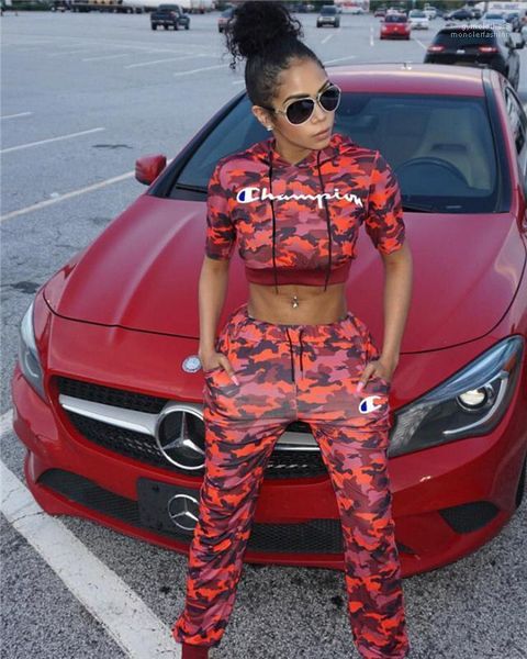 

camouflage red fashion womens two piece pants big c embroidery hoodies womens 2pcs sets short sleeve, White