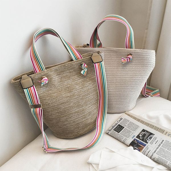 

повседневный соломенные сумки для женщин rattan ковши сумки плетеная тканые женский мешок плеча радуга широкий ремень летний пляж кошельки 2