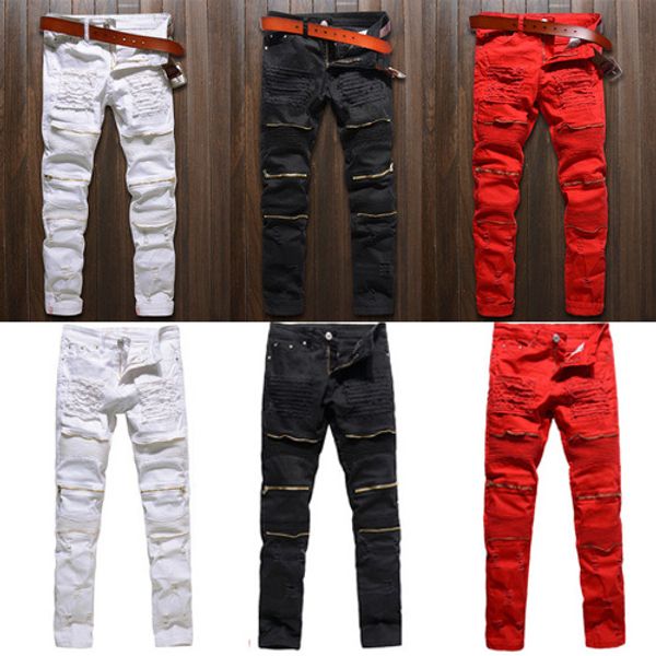 

men's jeans men skinny stretch denim ripped pants distressed freyed slim fit destroyed black white red, Blue