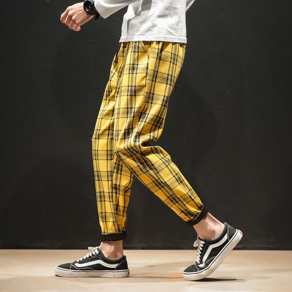 

pantalones hombre men women korean black plaid casual pants 2020 men streetwear harem pant male checkered trousers plus size 5xl