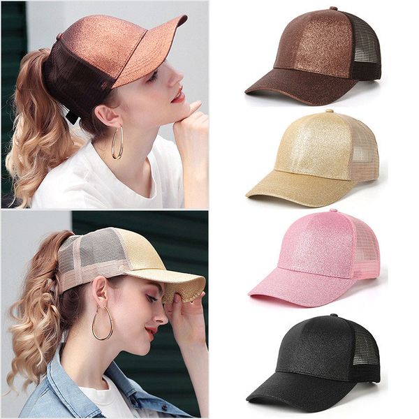 

2019 baseball cap mesh hats casual sport sequin caps women ponytail cap snapback hip hop sequins shiny messy bun summer dad hat, Blue;gray