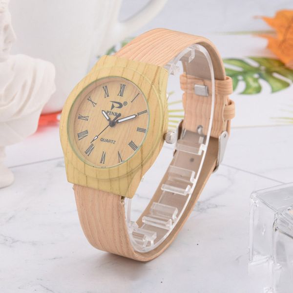 

men women quartz watch pu leather wood pattern wristwatch student sport casual watches js25, Slivery;brown