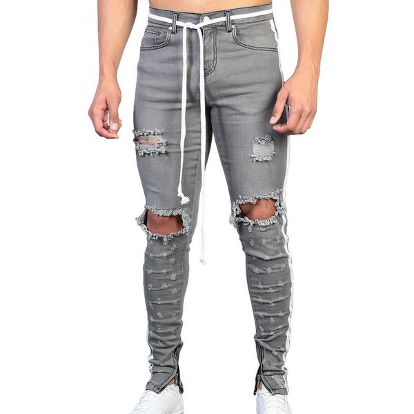 

fashion ripped jeans men vintage solid skinny jeans men new zipper pencil pants patchwork casual homme, Blue