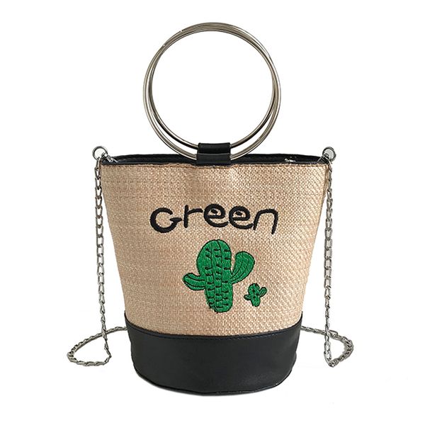 

women's fashion straw braid cactus bucket bag small fresh chain handbag bucket single shoulder satchel personality khaki