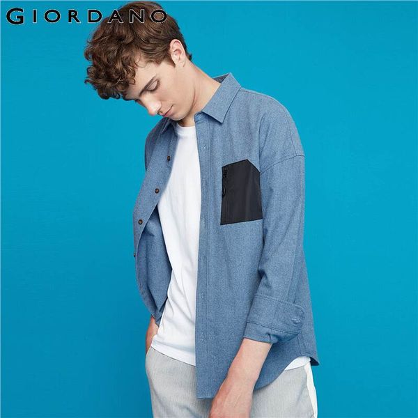 

giordano men shirts flannel patch pockets with zip long sleeve shirt men cotton slightly thick camisa masculina 13049802, White;black