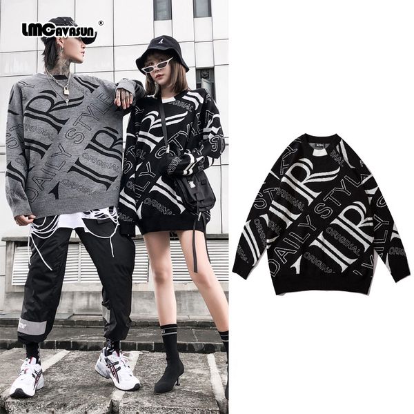 

lmc/ letter print pullover black gray sweater men cashmere pull homme plus size sweaters couple high street clothes, White;black