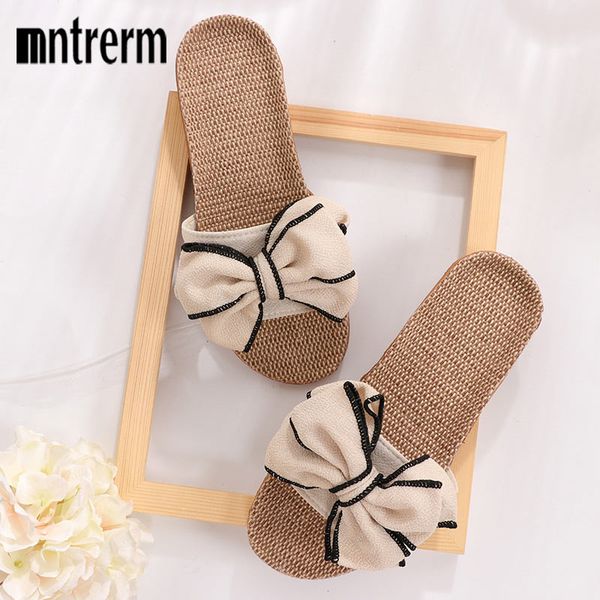 

mntrerm 2019 new casual sneakers for home slippers summer bow-knot soft floor woman indoor flats shoes cute linen slipper terlik, Black