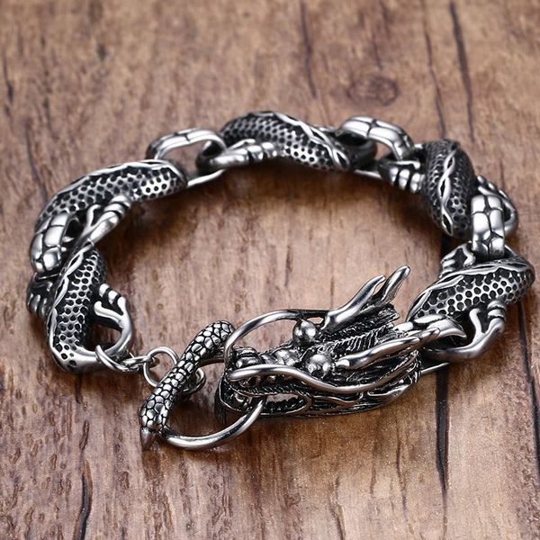 

mens dragon themed link bracelet with toggle clasp silver color men punk bileklik stainless steel jewelry pulseira masculina, Golden;silver