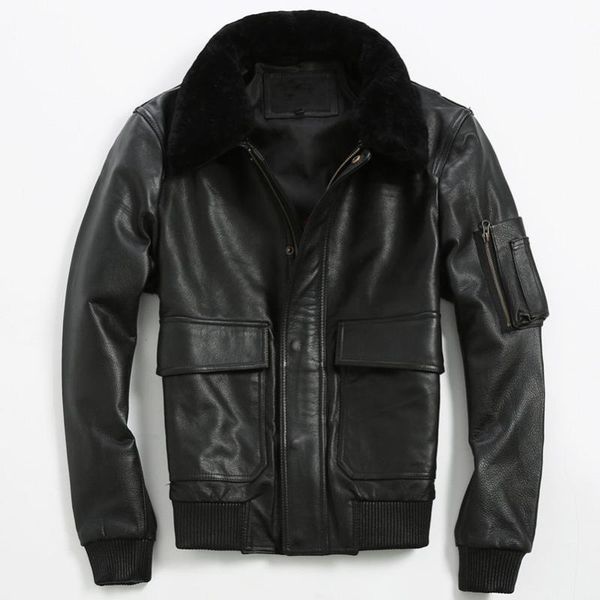 

fur 2020 a2 collar pilot flight genuine jacket for male slim fit leather coat men, Black