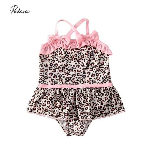 

2020 1-5y summer kids baby girls swimwear sleeveless leopard ruffle swimsuit swimdress holiday beach swimming bathing one piece, White