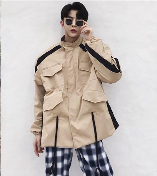 

multi-pocket sweatshirt mens stand collar men loose sweatshirts sudadera hombre jacket streetwear coats men loose clothes, Black