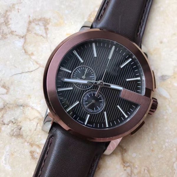 

высокое качество кварцевые os механизм часы для мужчин 44 мм черный циферблат origianl застежка кожаный ремешок montre homme, Slivery;brown