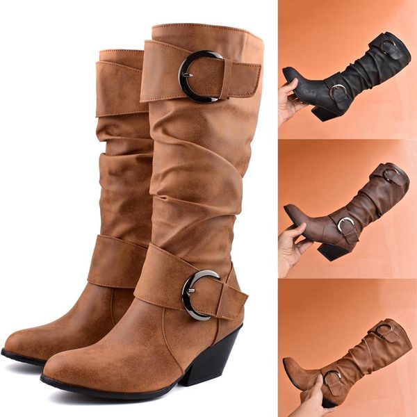 

25#women's round toe slouch buckles square heel middle tube boot casual booties bottes hautes pour femmes, Black