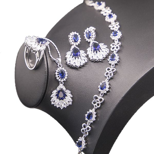 

blue sapphire jewelry sets for women silver 925 necklace earrings ring pendant bracelet with gift box, Black