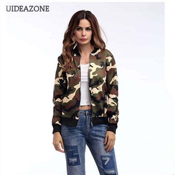 

uideazone camouflage women jackets o-neck printed coat long sleeve zipper print female coats 2019 autumn, Black;brown