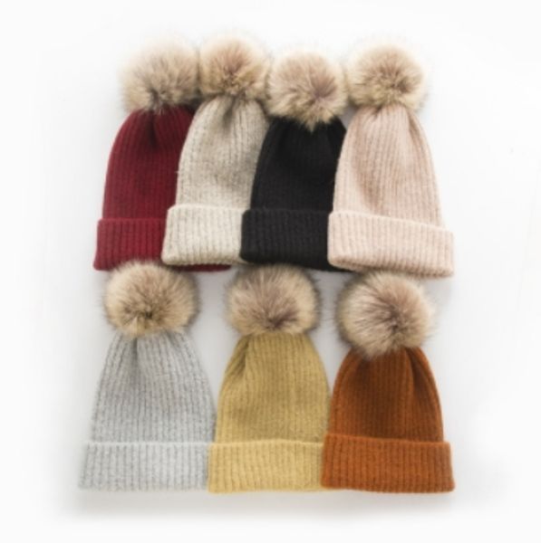 

european autumn winter warm women's knit hat cashmere blend monochrome solid color wild big hair ball halloween wool hat wholesale, Blue;gray