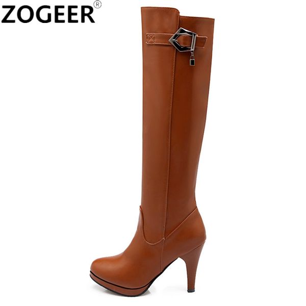 

plus size 48 women knee high boots fetish high heel platform women boots fashion buckle zipper ladies shoes black brown