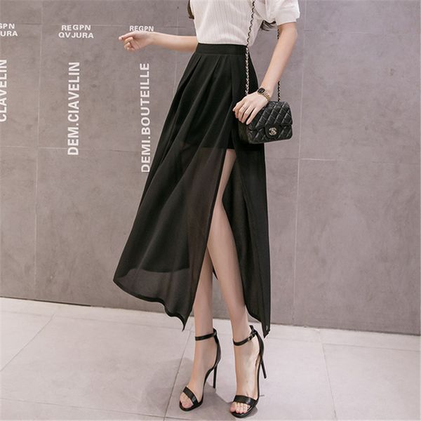

2020 spring new women chiffon split mesh skirts summer high waist two fake piece pencil skirts maxi tulle lace long s-2xl, Black