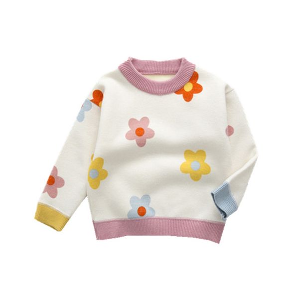 

flower pattern baby girls pullover sweater 2019 winter new children's sweater polyester thickened lining sweet girls soft outfit, Blue