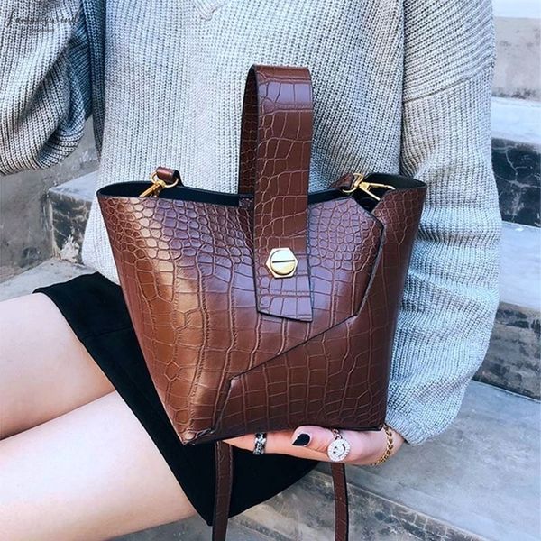 

vintage fashion female zipper tote bag pu leather womens designer handbag alligator bucket bag shoulder messenger bag