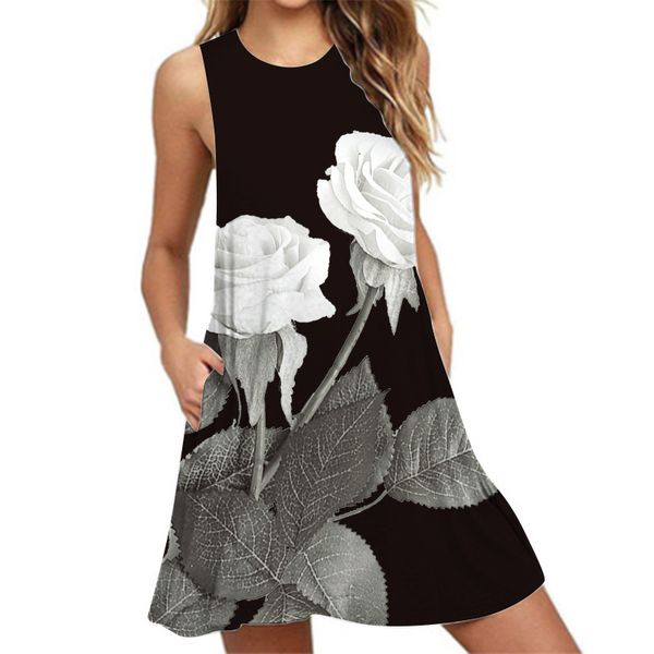 

2019 beach summer dress female floral print sleeveless a-line dress women pocket loose casual tank plus size vestidos, Black;gray