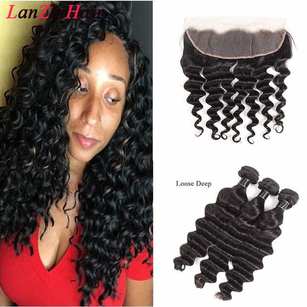 

оценка 9а бразильский человеческих волос пучки с кружевом фронтальная закрытие бразильского человеческих волос рыхлый глубокий волос девстве, Black