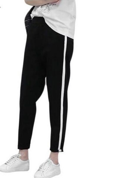 

женские брюки средней длины с завышенной талией и вертикальными полосами печатные длинные брюки-бегунки узкие эластичные брюки на шнурках с, Black;white