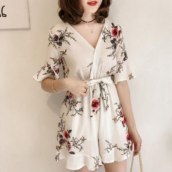 

2019 new summer short rompers printing flower v- neck jumpsuit casual women jumpsuits plus size -4xl yy454, Black;white