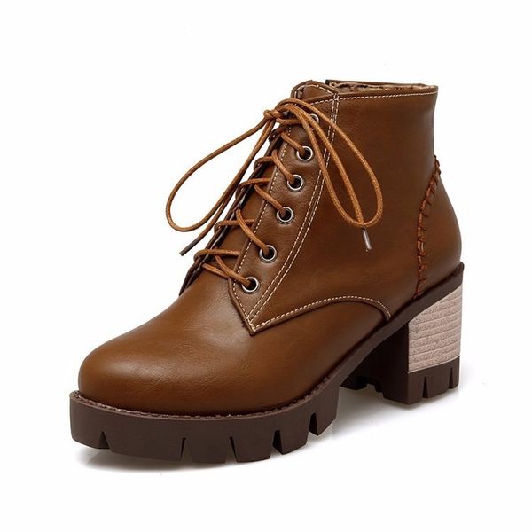 

round toe pu leather western style women shoes square high heel ankle boot lace up women motorcycle boot zapatos de mujer c12-26, Black