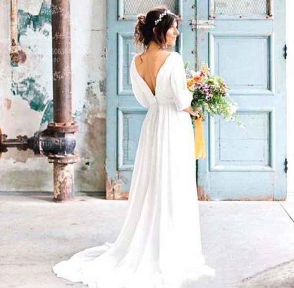 Estate 2019 Boho Beach Abiti da sposa Scollo a V profondo Maniche ritagliate Abiti da sposa in chiffon semplici senza schienale Realizzati su misura