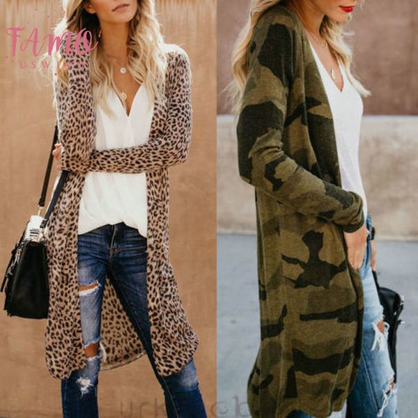 

2020 autumn cardigan womens fashion slim leopard kimono cardigan open front boho camo long sleeve long maxi jacket coat womens, White