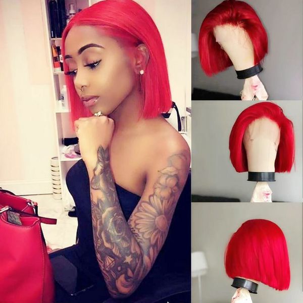 Red Short Bob Hair Wigs Glueless Hand Tied Synthetic Lace Front