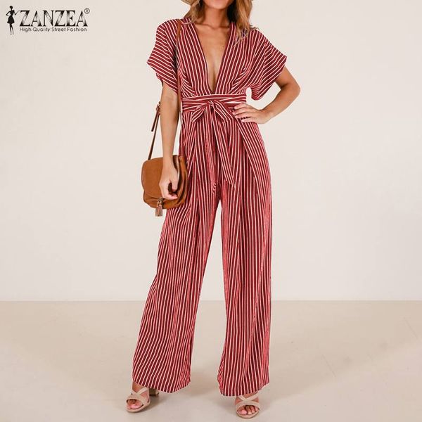 

zanzea summer women striped rompers deep v neck wide leg jumpsuits casual short sleeve playsuits beach long bodysuit, Black;white