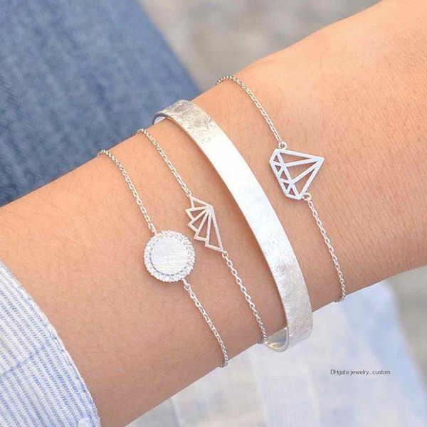 

4 pcs/set bohemian geometric crystal chain bracelets bangles women silver color bracelets sets party wedding party jewelry, Golden;silver
