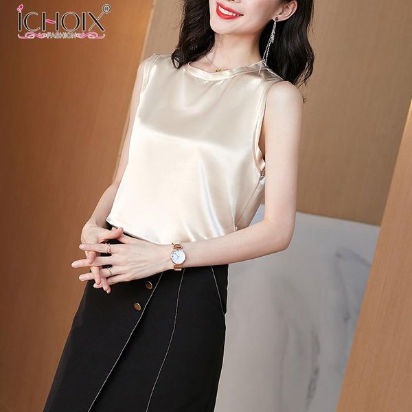

ichoix women silk tanks silk satin o neck sleeveless shirt 2020 solid summer vests lady's top, White