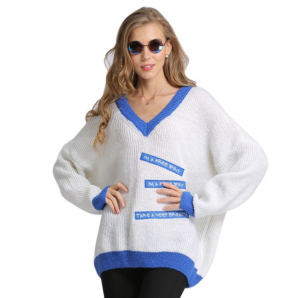 

women's sweaters loose v-neck large size 2021 pullover long sleeve sweater fashion casual oversize yarn, White;black